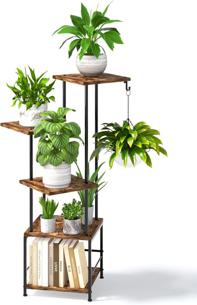 Homsorout Plant Stand Indoor - 5-Tier Metal Plant Shelf with Hanging Basket Hook, Corner Tall Flower Holder for Multiple Plants, Living Room Balcony Garden Patio, Rustic