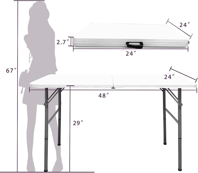 Gocamptoo Folding Table,4ft Indoor Outdoor Heavy Duty Portable Folding Square Plastic Dining Table w/Handle, Lock for Picnic, Party, Camping (4 FT) …