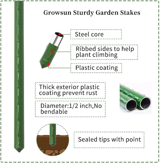 Growsun 6ft Tomato Stakes Plant Stake Supports Garden Fences Trellis Metal Plastic Coated Plant Cage Supports Climbing, Pack of 50