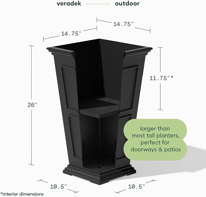 Veradek Brixton Series Tall Plastic Planter (Black, 26" H x 14.75" W x 14.75" L - 2 Pack with Shelf)