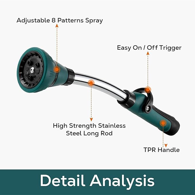 Alloy Watering Wand, Heavy Duty Garden Hose Wand, 15 Inch Hose Nozzle Sprayer with 8 Spray Patterns and Flow Control