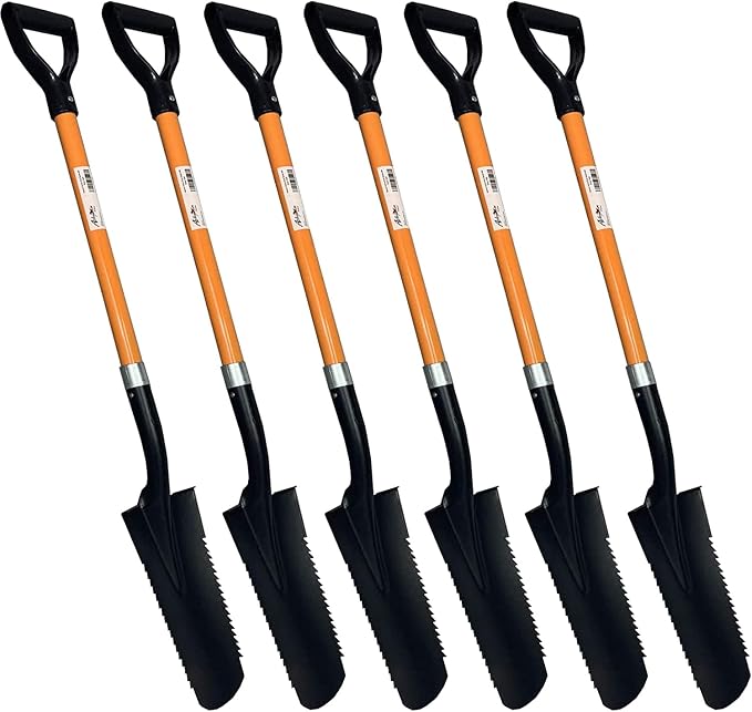 Ashman Drain Spade Teeth Shovel (6 Pack) - 48 Inches Long Handle Spade with D Handle Grip - Durable Handle with a Thick Metal Blade - Multipurpose Premium Quality Orange Shovel.
