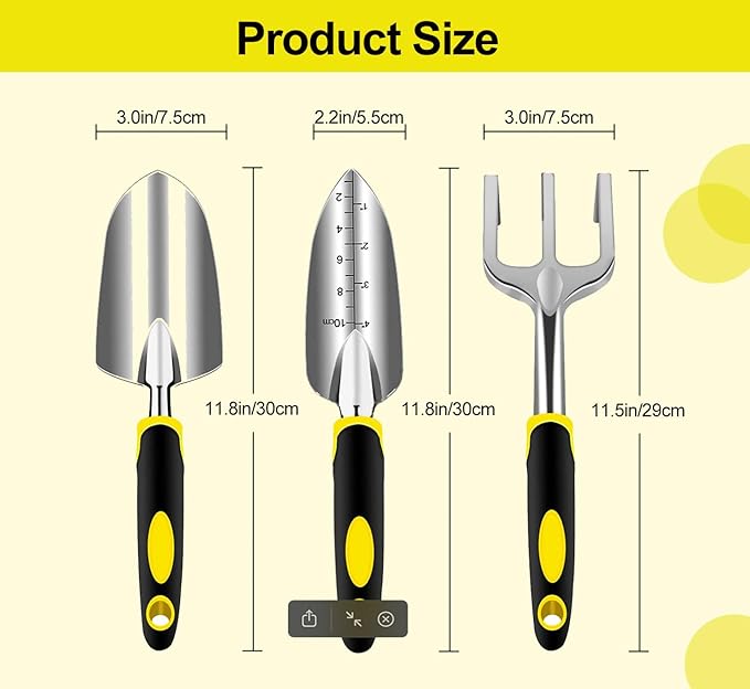Garden Tool Set, 3 Piece Gardening Tools Includes Garden Trowel, Transplant Trowel and Hand Rake with Non-Slip Ergonomic Handle, Heavy Duty Garden Kit for Planting, Garden Gifts, Yellow
