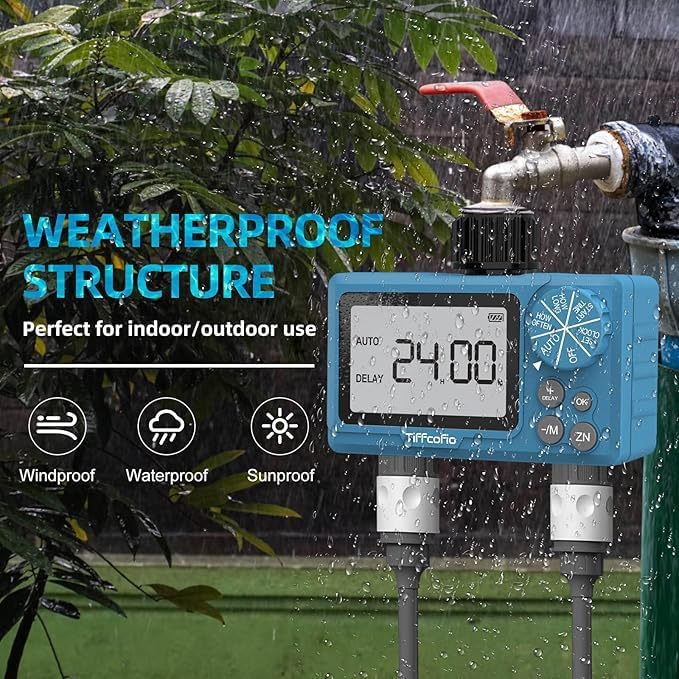 TiFFCOFiO Sprinkler Timer Outdoor, Digital Pogrammable for Garden Hose, Irrigrtion Timer with Rain Delay and Manual Mode (2 Oulets, 2 Packs)