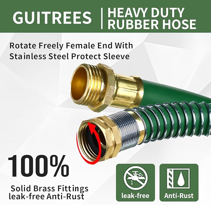 Guitrees 100FT 5/8 Heavy Duty Rubber Garden Hose - 300psi Working, 1000psi Burst - Hot/Cold Water - Five-Layered Braiding for Durability - Versatile for Gardening, Agriculture, Construction(Green)