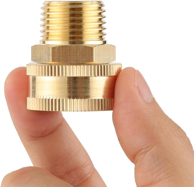 2 Pack Garden Hose Adapter,1/2" NPT to 3/4" GHT Connector with Dual Swivel, Brass Garden Hose Convert Adapter Fitting, Garden Hose Thread 3/4” Female to 1/2" Male Pipe Thread, with Extra 2 Washers