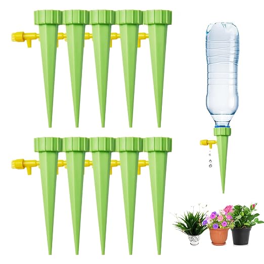 10 Pack Self Watering Spikes for Plant,Indoor & Outdoor Automatic Plants Waterer,Plug-in Device with Adjustable Valve Switch, Self Watering Planter Insert (10 Green)