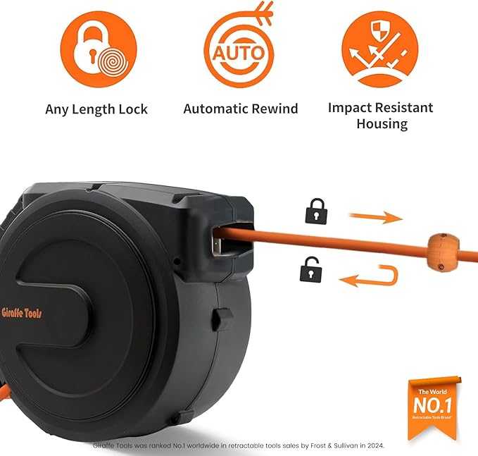 Giraffe Tools Retractable Air Hose Reel Enclosed with 3/8 in. x 50 ft Hybrid Hose, Lightweight Compressor Hose Reel Wall Mounted with 180° Swivel Bracket, 300 PSI