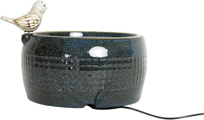 Foreside Home and Garden 8.86" Blue Porcelain Perched White Bird Natural Pebbles Fountain w/LED Lights All Seasons Spring Summer Living Room Coffee Table Kitchen Dining Dinner Table Office Bedside