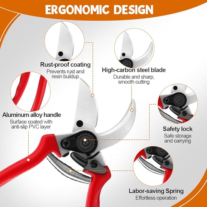 Ainiv Bypass Pruning Shears, 8.5" Professional Garden Shears, Heavy Duty Hand Gardening Scissors, Non-Slip PVC Coated Handles, Lightweight & Ergonomic, Pruning Shears for Plants, Hedges and Flowers