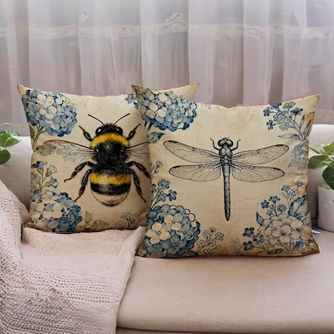 Vintage Floral Animals Pillow Covers 18x18 Inch 4 Pack, Butterfly Bird Bee Dragonfly Rustic Cottagecore Cushion Cases, Farmhouse Retro Flower Home Decor Pillow Cases for Sofa Bedroom Decor (Navy Blue)
