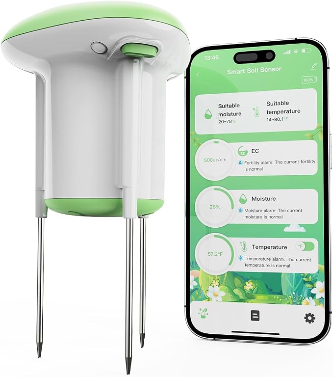 Smart 3-in-1 Soil Moisture/Temperature/Fertility Meter for Garden/Farming/Lawn, Soil Test Kit for Plant, GreenVation Digital Soil Sensor with Tuya/Smart Life APP Push Notification