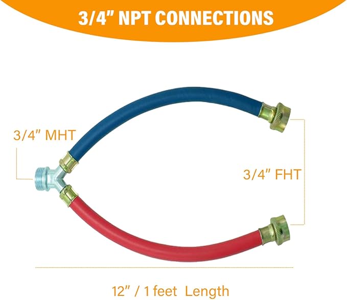 Hot Cold Washer Hose Rubber Y Mixer Plumbing Connector Burst Proof Water Line Hoses For All Washing Machine and Dryer, 3/4" Fittings, 1 FT Length