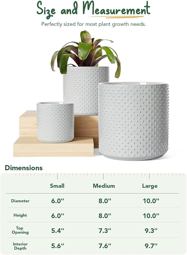 LE TAUCI 10+8+6 Inch Ceramic Pots for Plants, Indoor Planters with Drainage Hole and Plug, Raised Dots Cylinder Flower Pots Set of 3 for Office and Living Room, Glossy, Star Gray