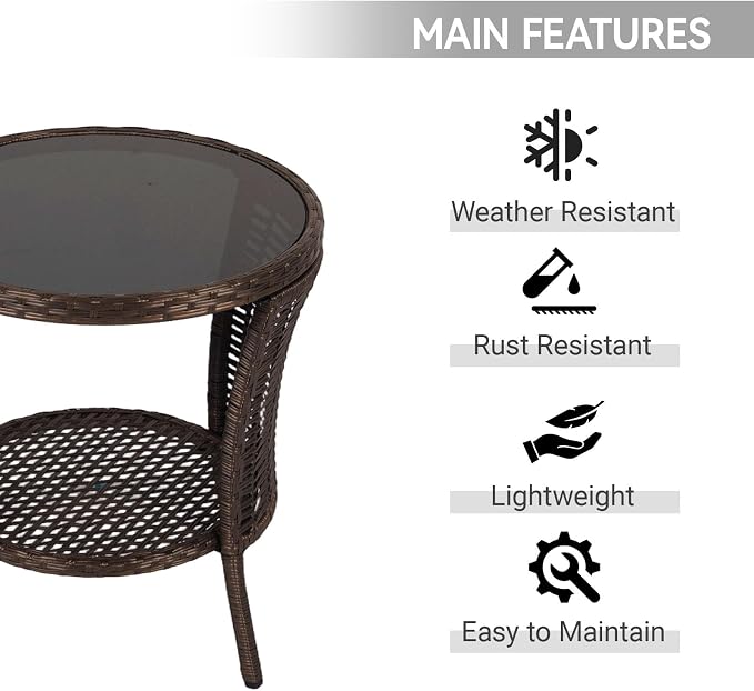 Outdoor Side Table - Patio Wicker End Table with Extra Storage Shelf, Rattan Outdoor Side Table with Round Glass Tabletop for Garden, Backyard, Porch, Black Gold