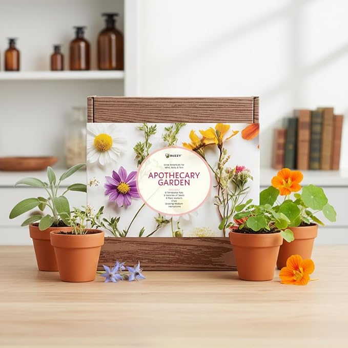 Buzzy Seeds Apothecary Garden Wellness Kit - Mini Terracotta Pot Grow Set - Complete Indoor/Outdoor Gardening Kit with Seeds, Coconut Husk Growing Medium & Genuine Pots - 100% Grow Guarantee