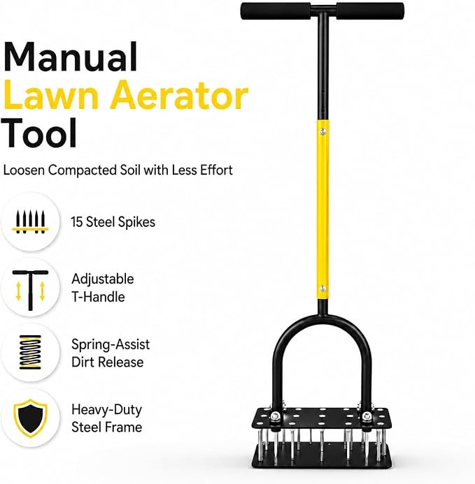 Manual Lawn Aerator Tool with 15 Spikes, 32"-35" Adjustable T-Handle,15-Spike Grass Aerator for Yard Care