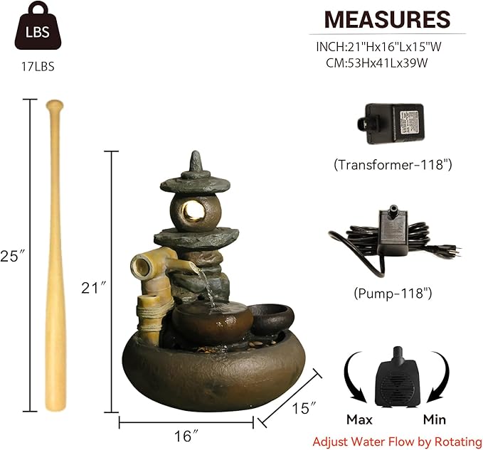 21" H Pagoda and Bamboo Outdoor&Indoor Outdoor Water Fountain, Natural Zen Decor Desian Outside Waterfall with LED Lights - Suitable for Garden/Patio/Yard/Deck/Balcony and Home Art Decor Resin