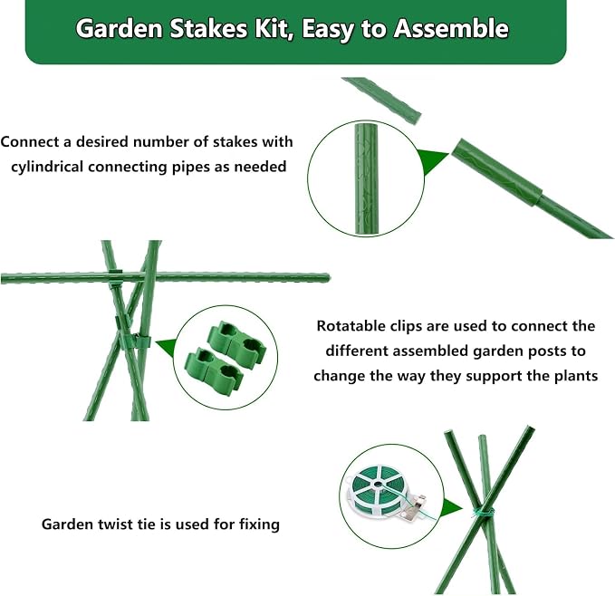 Garden Stakes Kit, 40 Sets 16 inch 0.43" in Diameter Steel Plant Stick Support (with Accessories Total 91 pcs), DIY 3ft 4ft 5ft 6ft 7ft Sturdy Tomato Stakes for Indoor & Outdoor Gardening Supplies