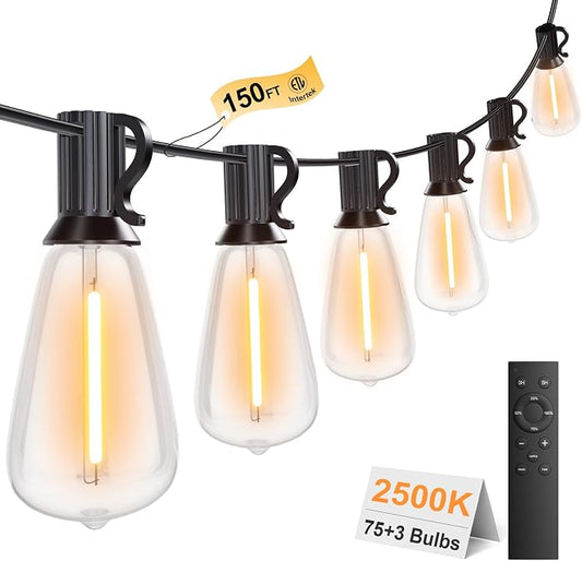 150FT Outdoor String Lights with Remote, Garden Patio Decor with 2500K Warm White, 75+3 LED Edison Bulbs, Support Timer Dimmable Waterproof Shatterproof for Yard Outside Porch Deck Backyard (24v)