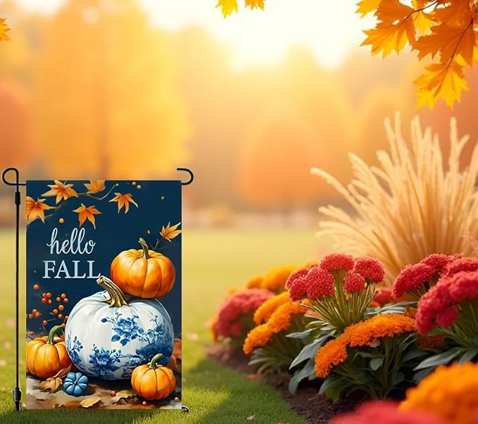 Hello Fall Garden Flag 12x18 Double Sided, Burlap Seasonal Thanksgiving Autumn Blue Pumpkin Garden Flags Fall Decorations for Home Outside Porch Garden Decor, Small Decorative Outdoor Yard Lawn Flags