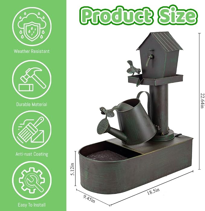 Garden Water Fountain Outdoor, 23" Vintage Waterfall Fountain, Rustic Distressed Green Outdoor Water Fountain with Tilted Watering Can for Yard Patio Decor