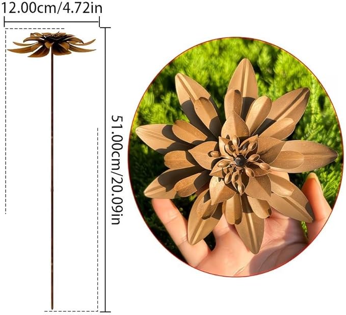 Set of 2 Vintage Rusty Cornflower Statues Stake 12 Inch Metal Artistic Wire Art Decor Rustic Garden Sculptures for Lawns Yard Patio Home Farmhouse Decoration (Bronze) (Brown)