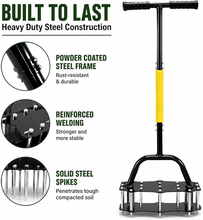 Manual Lawn Aerator Tool – Pre-Assembled 16-Spike Yard Aerator with Ergonomic T-Handle, Double-Spring Auto Dirt Clean, Heavy Duty Steel Grass & Soil Aerator for Lawn Aeration