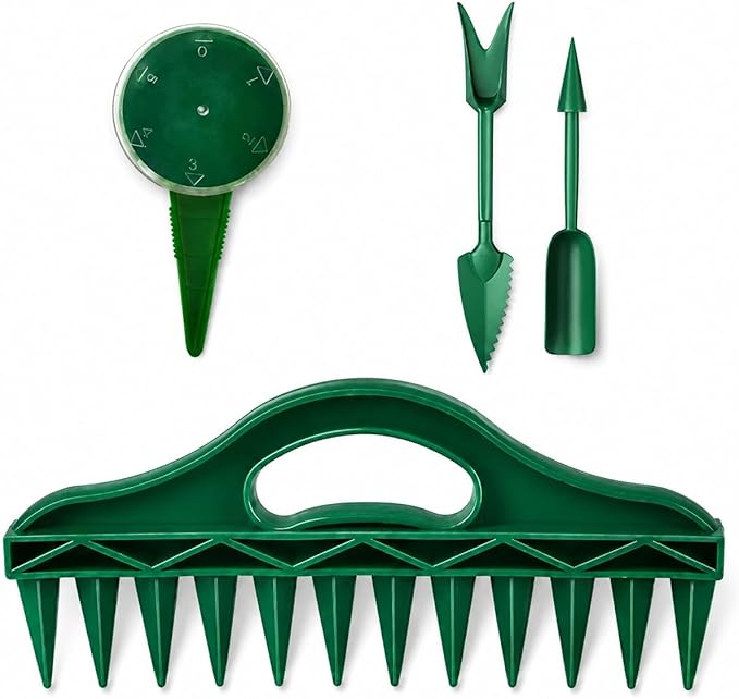 GOOGO Seed Spreader 4 Piece Sowing Tool Set, Green Garden Seed Spacer with 12 Holes and 5 Outlet Seed Dispenser, Handheld Planter for Vegetables and Flowers