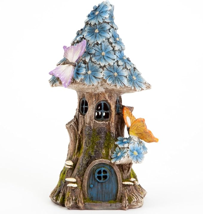 Bits and Pieces - Solar Butterfly and Blue Daisies Fairy House - Unique Lawn and Garden Décor