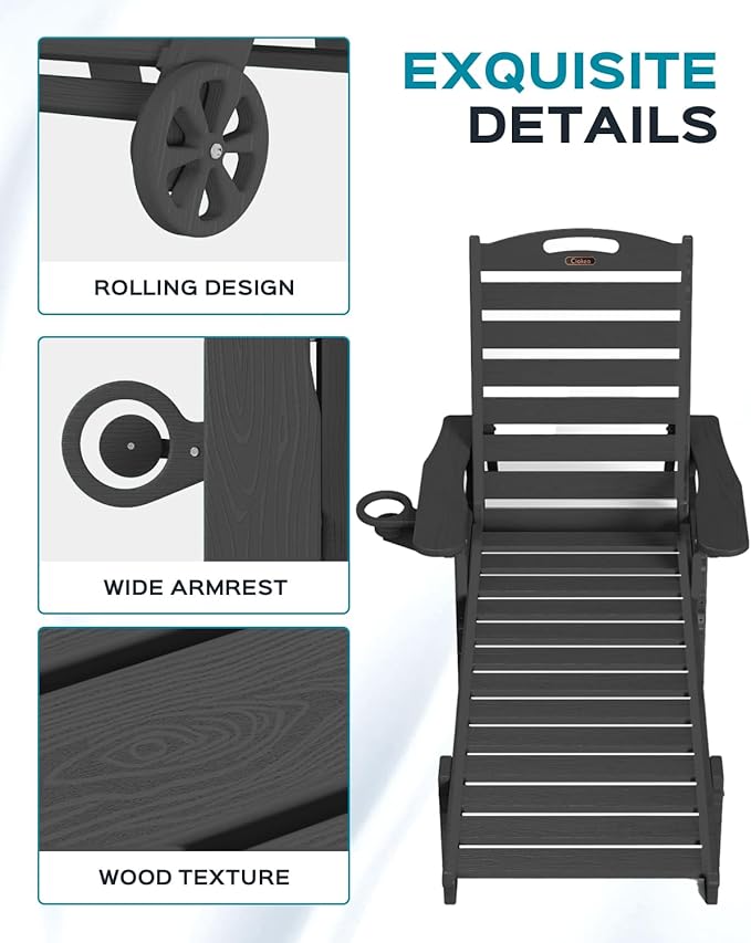 Ciokea Outdoor Lounge Chair Set of 4, All Weather Patio Chaise Lounge Chair for Outside, HDPE Chair with Rolling Wheels & Cup Holder, 5 Position, Deck, Pool, Black