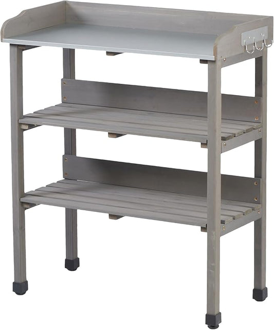 Outdoor Garden Potting Bench Table, Fir Wood & Metal Top Gardening Workstation with 2 Shelves, Water-Resistant Surface, 30.5" x 14.6" x 35.5",Gray