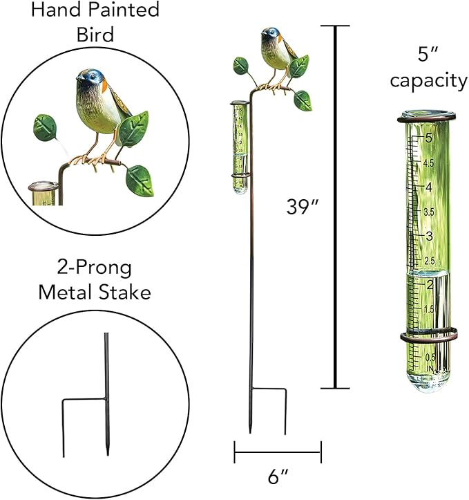 Bits and Pieces Bird Rain Gauge - 5 Inch Glass Rain Gauge with Metal Stake, Decorative Bird Yard Stake Lawn Garden Décor