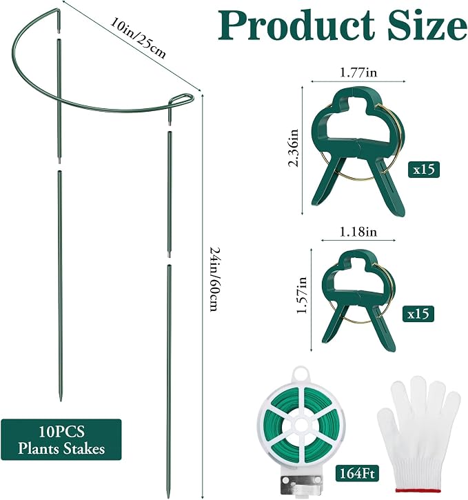 Unves 10 Pack Peony Cages and Supports, 10" W x 24" H Metal Plant Support Stakes, Half Round Peony Cage for Outdoor Plants, Garden Plant Stakes for Peony Tomato with Clips, Ties and Gloves