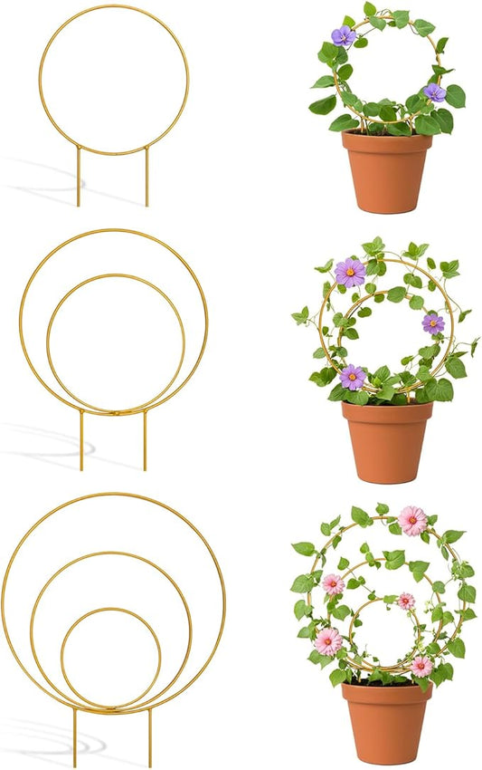 3 Pack Circle Plant Trellis Indoor, Small Metal Plant Support Stake for Climbing Plants, Different Sizes Round Garden Trellis for Ivy and Flowers Outdoor (Gold)