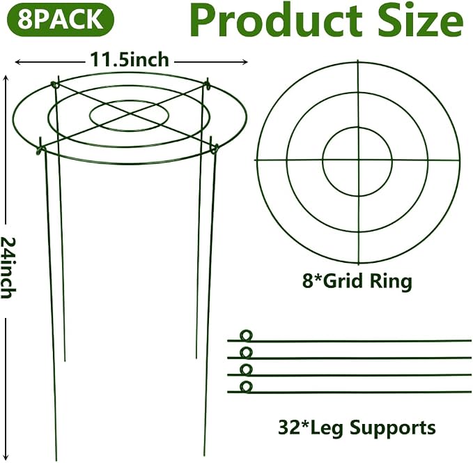DAYUMKOU 8 Pack Peony Cages and Supports, 14" D x 24" H Plant Supports for Outdoor Plants, Heavy Duty Metal Peony Support Cage Flower Support Rings for Rose Hydrangea Strawberry
