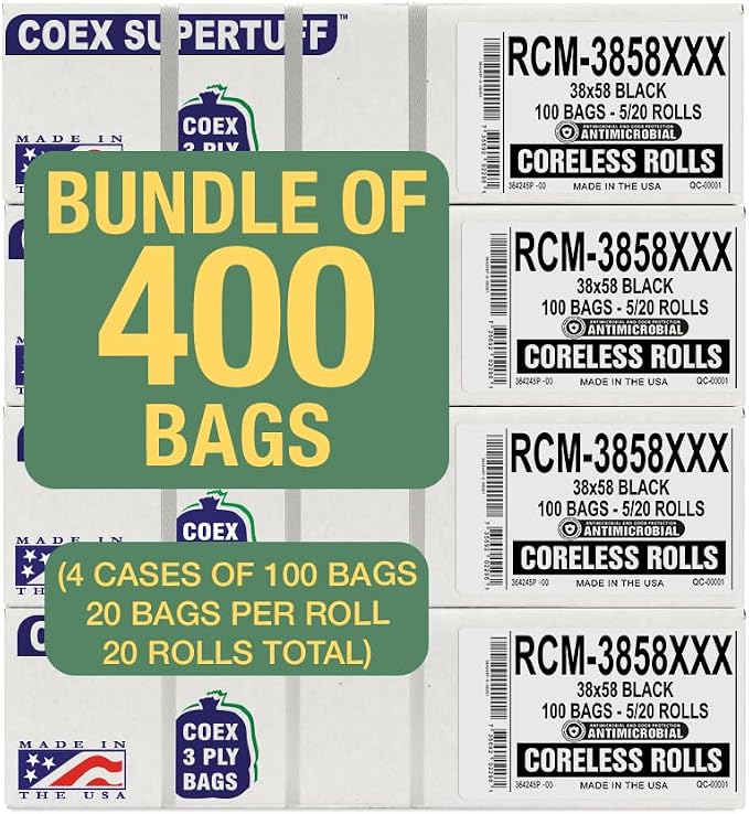 Aluf Plastics - 3 Ply Trash Bags, 55-60 Gallon, 2 Mil (eq), 38"x58", Black, 400 Count (20 Rolls of 20)