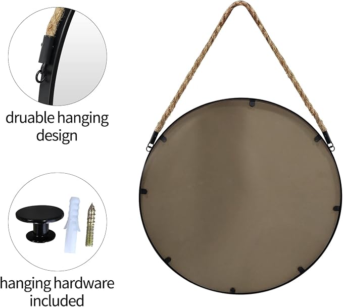 POZINO Round Hanging Mirror with Rope, 15" Circle Wall Mirror with Black Metal Frame, Farmhouse Decorative Mirror for Entryway, Living Room, Fireplace, Bedroom, Bathroom