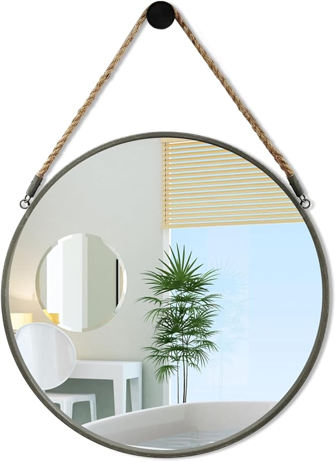 POZINO Round Hanging Mirror with Rope, 15" Grey Metal Frame Circle Wall Mirrors, Small Farmhouse Decorative Mirror for Entryway, Living Room, Fireplace, Bedroom, Bathroom