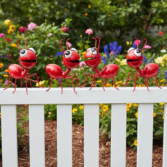 Cruis Cuka Metal Yard Art Garden Decorative Cute Ant Outdoor Wall Sculptures - Set of 4 Red