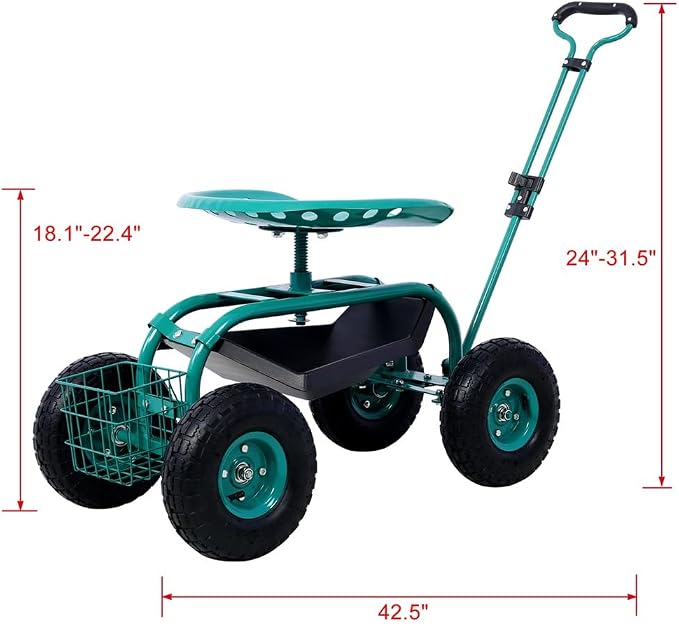 Garden Cart Rolling Scooter, Adjustable Height Heavy Duty Scooter, Rolling Garden Cart with 4 Wheels and Extendable Handle, Garden Stool Cart with 360-Degree Seat and Tool Tray Green