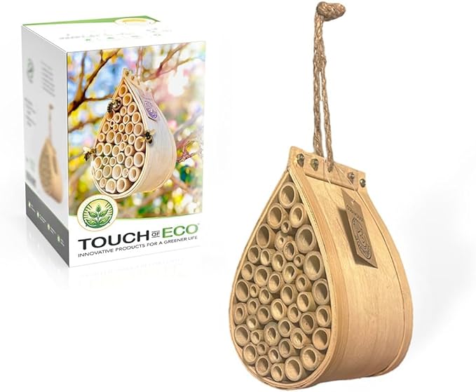 Pollinating Palace-Mason Bee House, Natural Hanging Wooden bee House Habitat with Bamboo Tubes for the Garden and Yard