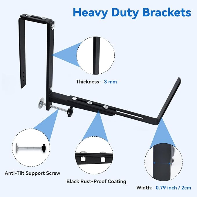 Halatool Railing Planter Box Brackets Outdoor, 4 Pack Adjustable Flower Planter Window Box Brackets, Heavy Duty No Drill Window Box Brackets with 66 lb Capacity for Railings Balcony Porch Fence