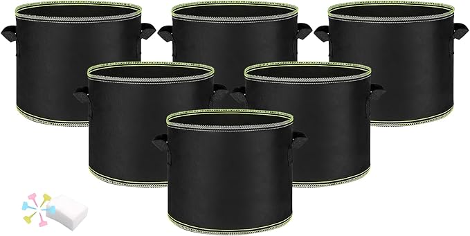 MEKOLIFE Fabric Grow Bags（5 Gallon 6Pack）, Thickened Aeration Planter Bags with Handles Plant Tags Seedling Bags for Outdoor Indoor Vegetable Garden, Black
