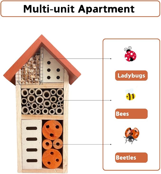 Lovebirds Pet Product Hanging Wooden Insect Hotel,House for Bee, Butterfly, Ladybirds,Insect Houses for the Garden Decor, 26x14.5x8cm, Bee House for Garden Pollinators