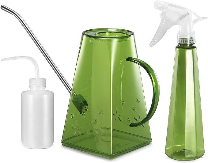 Goowin Watering Can Indoor Plants, 47 oz Long Spout House Plant Flower Watering Can, Creative Wide Opening Plastic Watering Can with 16 oz Spray Bottle & 8.5 oz Squeeze Bottle, Green