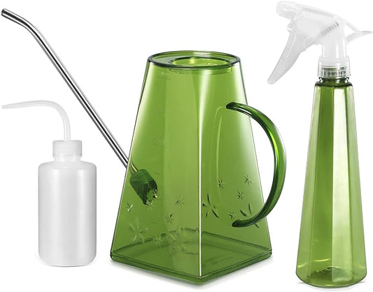 Goowin Watering Can Indoor Plants, 47 oz Long Spout House Plant Flower Watering Can, Creative Wide Opening Plastic Watering Can with 16 oz Spray Bottle & 8.5 oz Squeeze Bottle, Green
