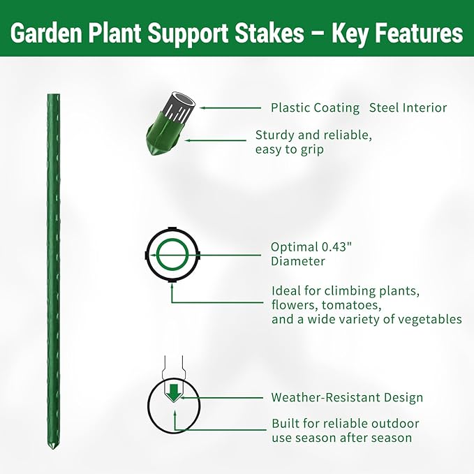 25 Pack Garden Stakes 3FT (36 Inch), Heavy Duty Steel Plant Support Stakes with Plastic Coating, Plant Sticks for Small Plants, Flowers, Vegetables, Potted & Indoor Outdoor Use