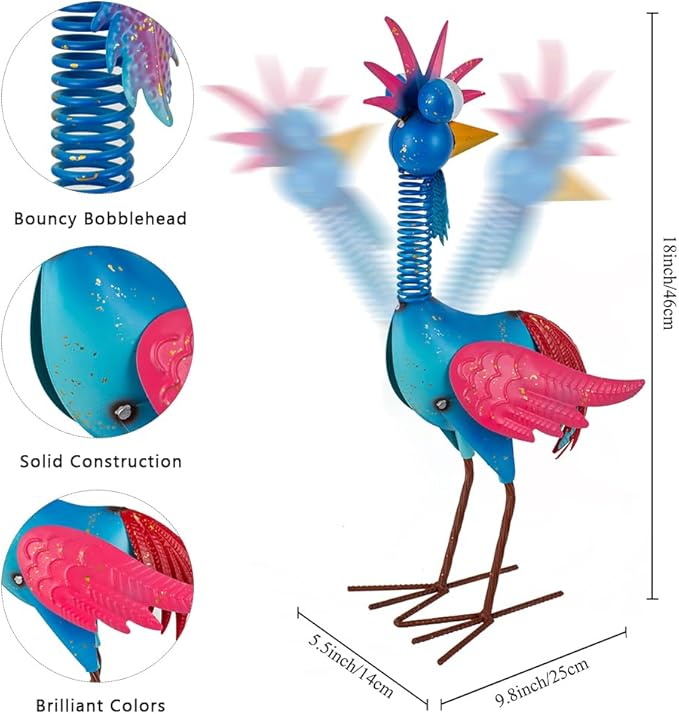 Metal Wacky Rooster Garden Statue, Rooster Decor Yard Statue Decorations Outdoor, Chicken Yard Art for Outside, Patio, Backyard, Lawn (Blue & Pink)