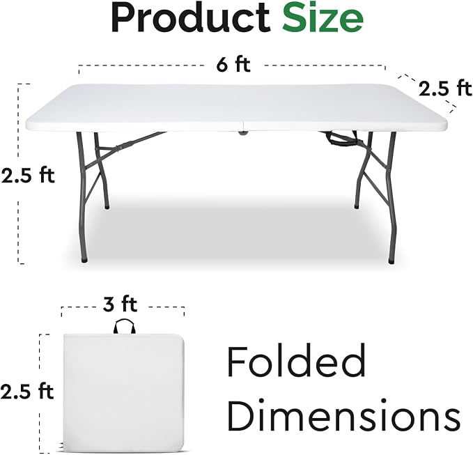 EconoHome White 6ft Folding Table with Handle | Heavy-Duty Foldable Table | Portable Table for Indoor & Outdoor Use | Perfect for Events, Camping, Parties, Dining & More